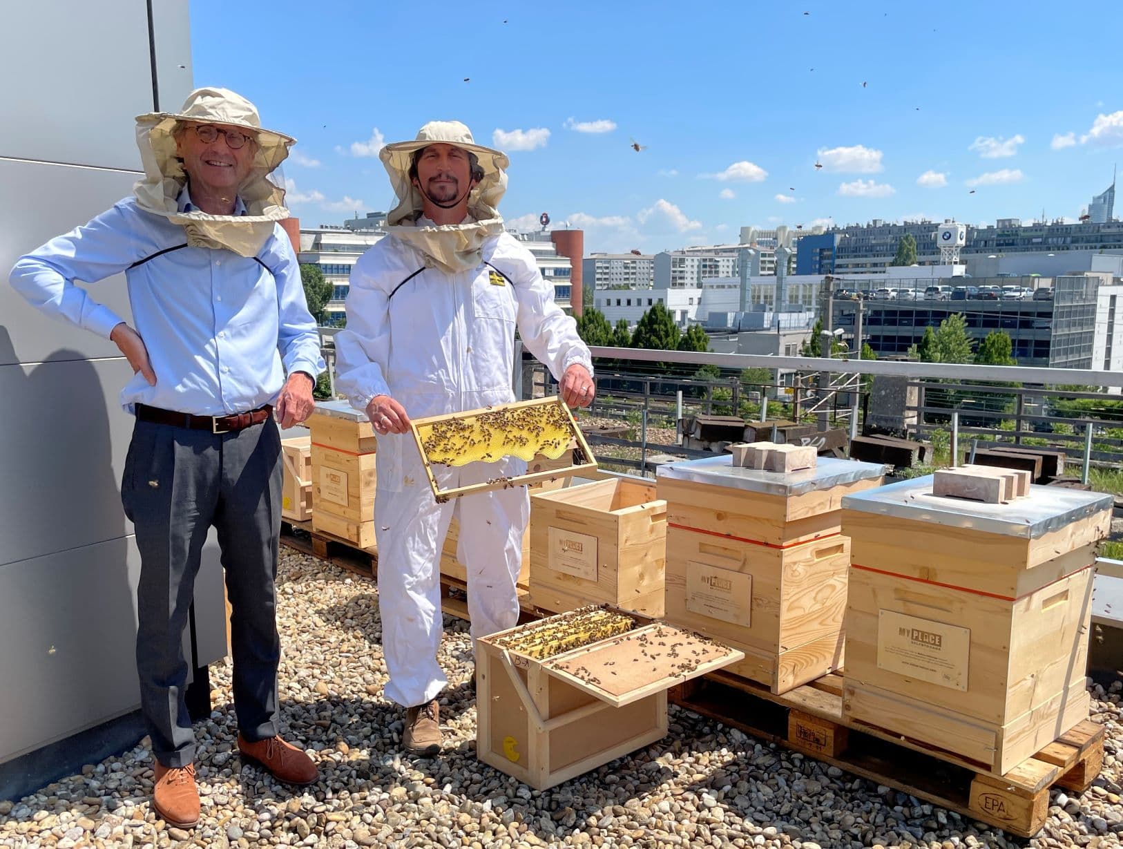Imker bei der Arbeit auf einem Dach